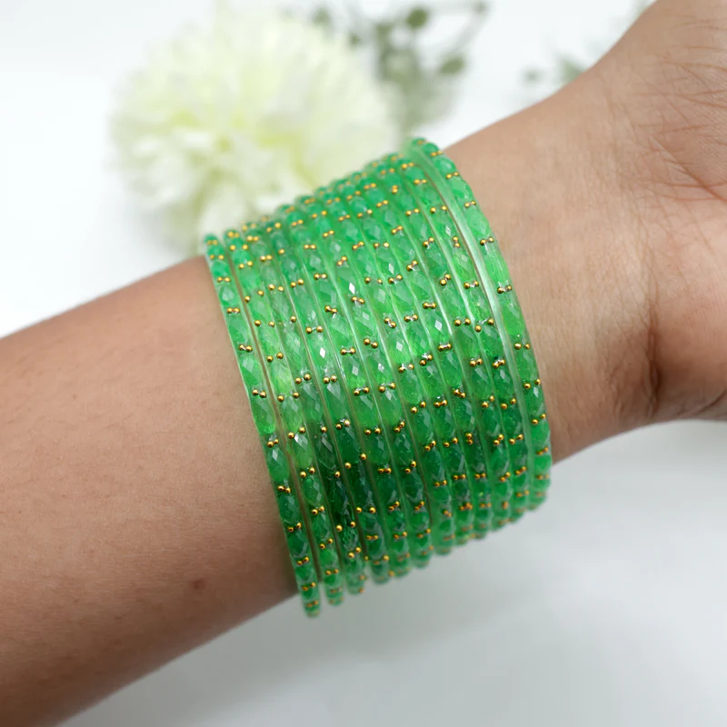 Raindrop Crystal Cut Glass Bangles - Sea Green